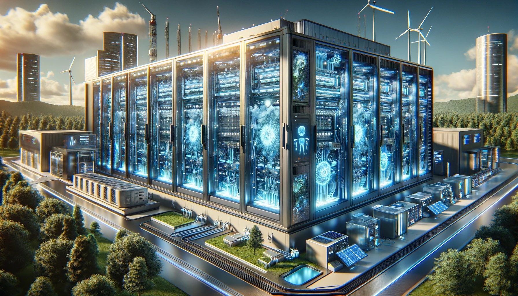 Futuristic data center with wind turbines and solar panels