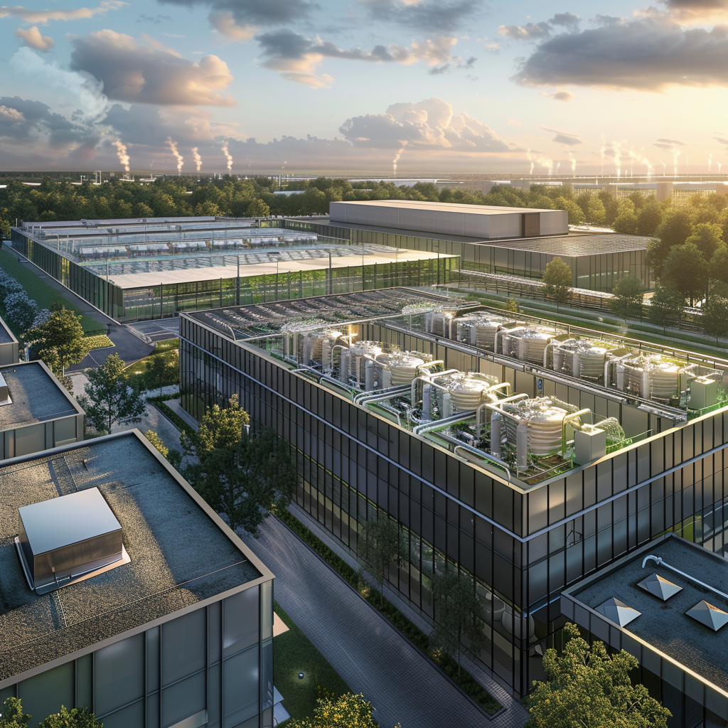 Modern data center complex surrounded by greenery