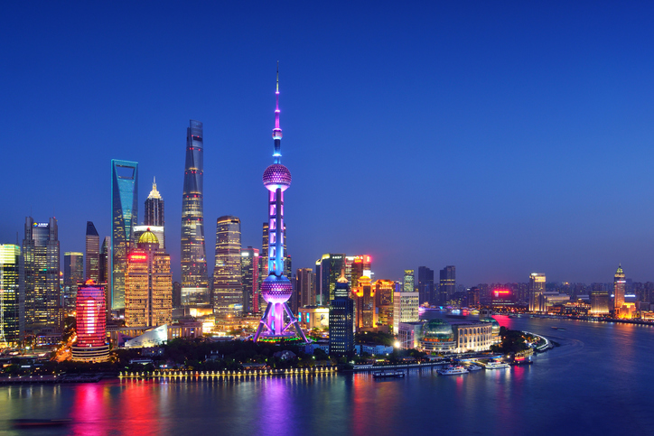 Shanghai skyline at night with colorful lights