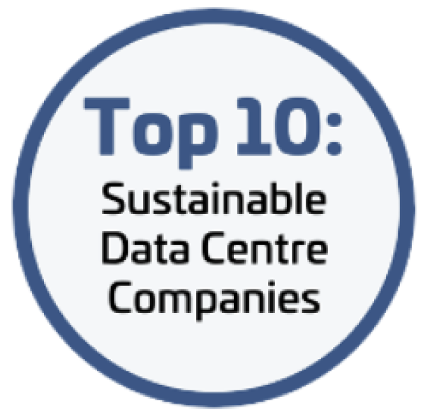 The image contains the text "Top 10: Sustainable Data Centre Companies" enclosed in a circular blue border